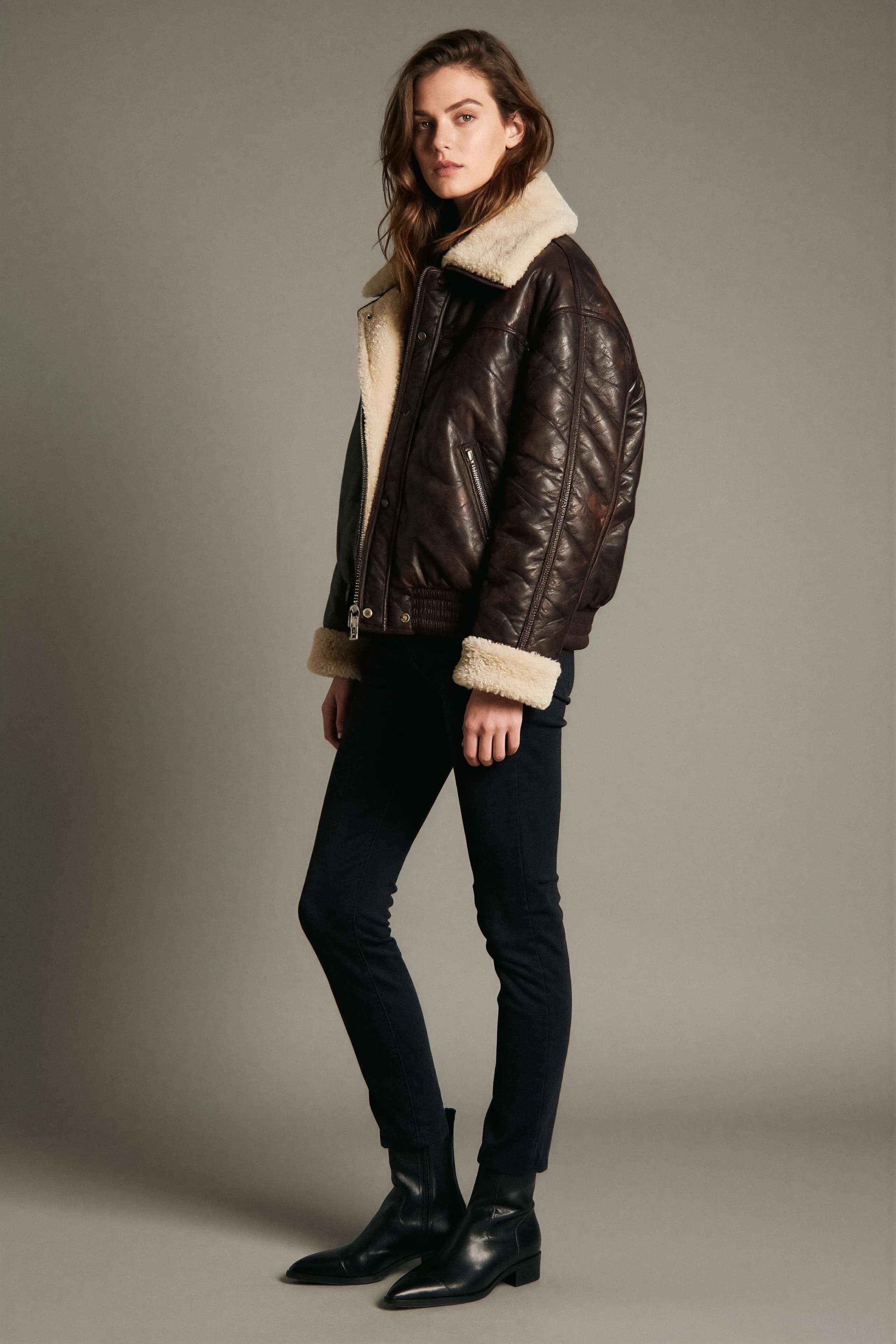 Padded biker leather jacket - side view